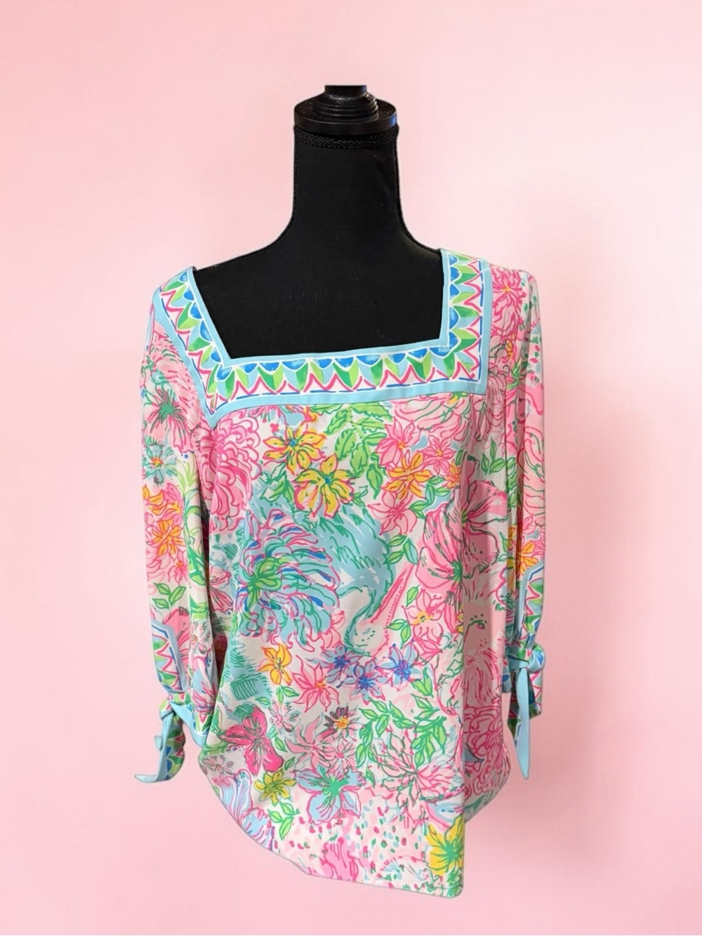 Lilly Pulitzer Pink Multi Floral Square-Neck Blouse Large